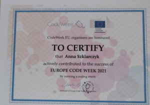 certyfikat CodeWeek dla nauczycielki